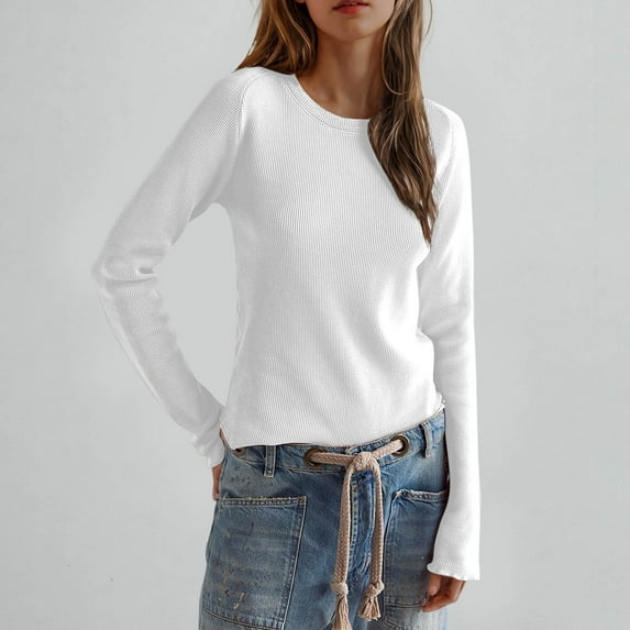 Aloohaidyvio Womens Long Sleeve Basic Tee Crewneck Cotton Knit T-Shirt Super Soft Classic and Fitted Tops White 2XL