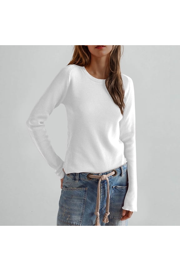 Womens Long Sleeve Basic Tee Crewneck Cotton Knit T-Shirt Super Soft Classic and Fitted Tops White XL