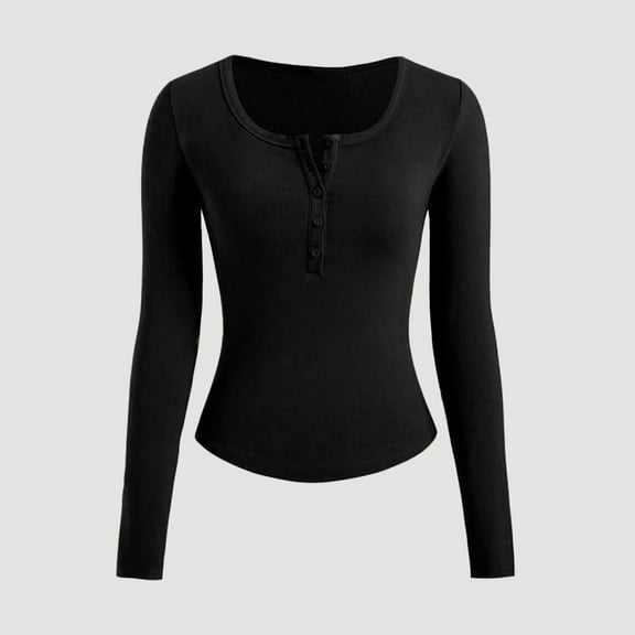Aloohaidyvio Womens Long Sleeve Henley T Shirts Button Down Slim Fit Tops Scoop Neck Ribbed Knit Shirts Black L