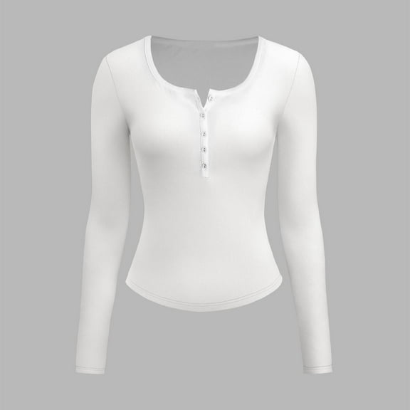 Aloohaidyvio Womens Long Sleeve Henley T Shirts Button Down Slim Fit Tops Scoop Neck Ribbed Knit Shirts White 2XL