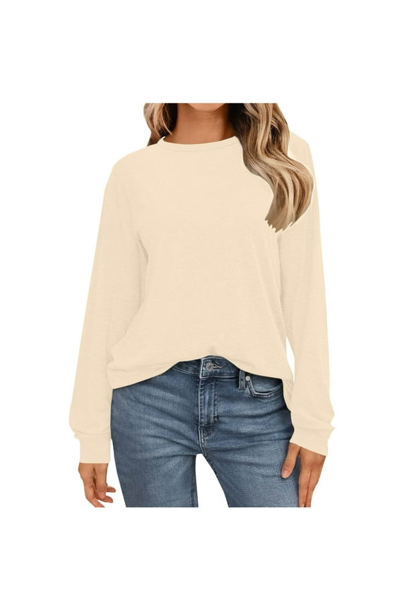Womens Long Sleeve T Shirts Loose Fitted Crew Neck Tops Solid Color Basic Tee Beige L