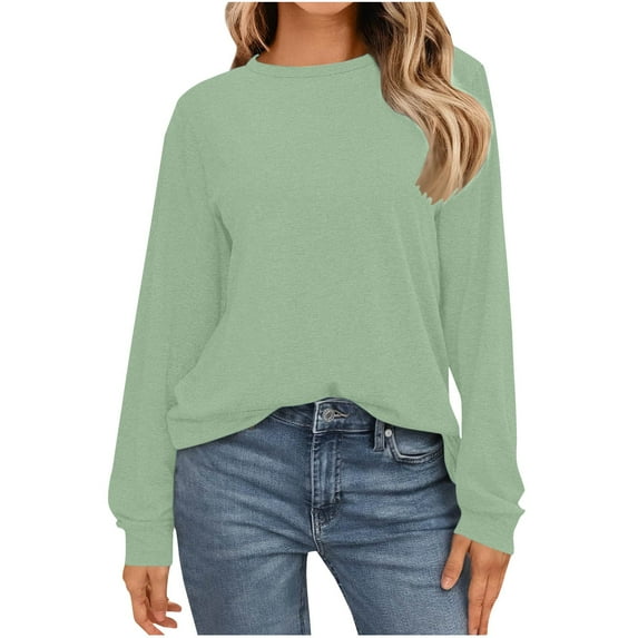 Aloohaidyvio Womens Long Sleeve T Shirts Loose Fitted Crew Neck Tops Solid Color Basic Tee Green L