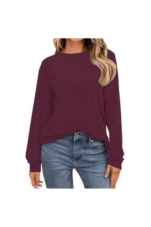 Womens Long Sleeve T Shirts Loose Fitted Crew Neck Tops Solid Color Basic Tee Wine L