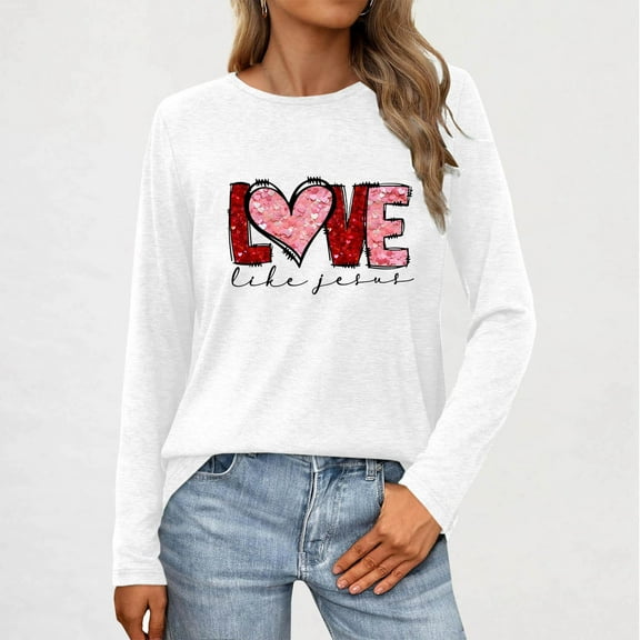Aloohaidyvio Womens Love Heart Shirts Long Sleeve Valentine's Day Crewneck Casual Heart Graphic Tee Tops