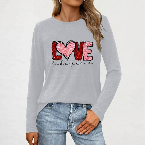 Aloohaidyvio Womens Love Heart Shirts Long Sleeve Valentine's Day Crewneck Casual Heart Graphic Tee Tops