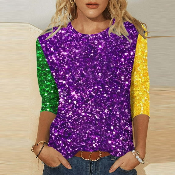 Aloohaidyvio Womens Mardi Gras Clothes,Women's Fashion Three Quarter Sleeve Retro Round Neck Easter Printed Loose Tops Blouse
