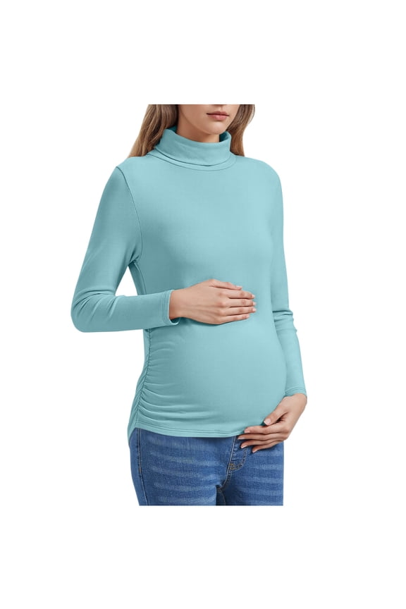 Womens Maternity Shirts Turtleneck Long Sleeve Pregnancy Tops Casual Side Ruched Maternity Clothes