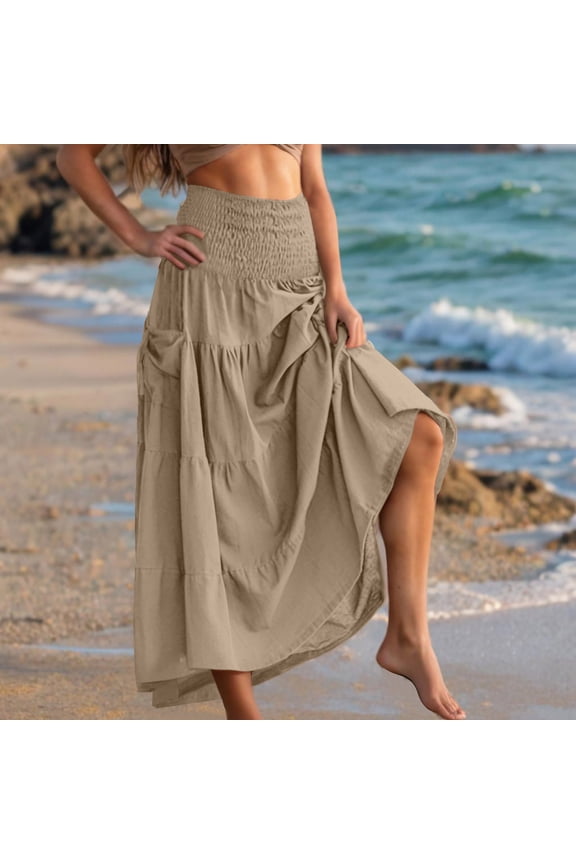 Womens Maxi Boho Skirt Long Pockets Cotton Hippie Bohemian Elastic Waist Midi Skirts