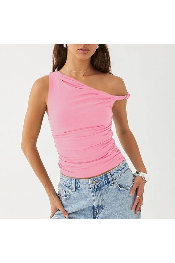 Womens One Shoulder Ruched Crop Tank Tops Casual Off The Shoulder Twist Strap Summer Crop Tank Tops