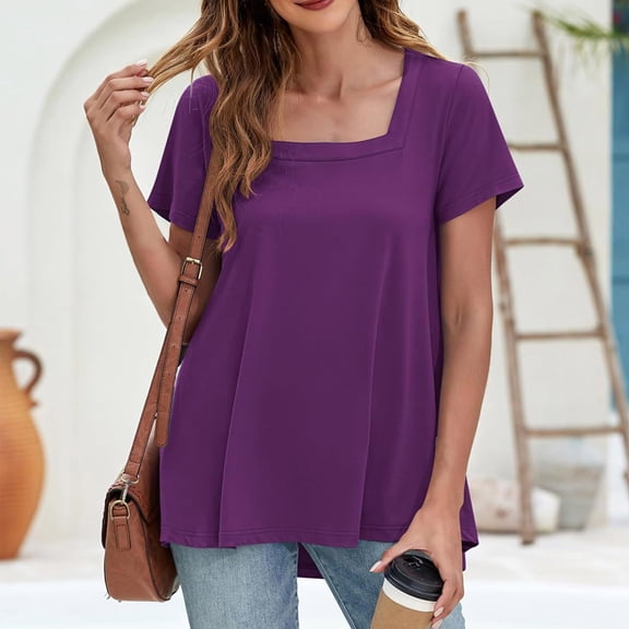 Aloohaidyvio Womens Plus Size Summer Shirt Casual Square Neck Petal Short Sleeve Tunic Top Blouse