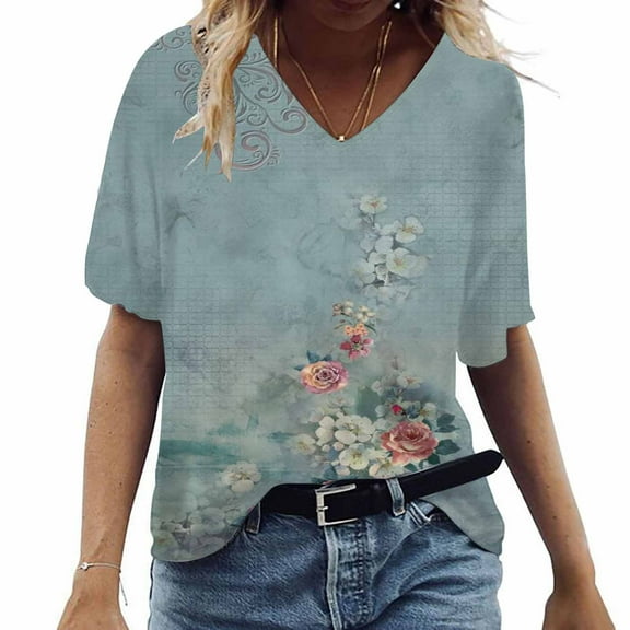 Aloohaidyvio Womens Tops ,Womens Fashion Casual Scenic Flowers Printing V-Neck T-Shirt Tops