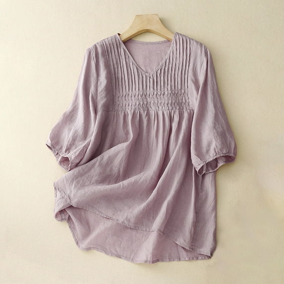 Aloohaidyvio Womens Plus Size Tops and T-Shirts,Womens Summer Cotton Linen Solid Color Casual Loose Five Points Sleeve Top T-shirt Blouse