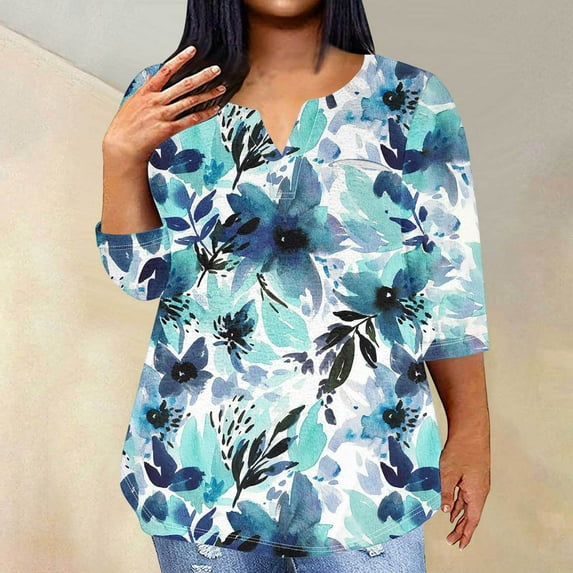 Aloohaidyvio Womens Shirts Dressy Casual,Women's Spring Summer Casual Plus Size V Neck 3/4 Sleeve Floral Printed T-Shirt Top 5XL