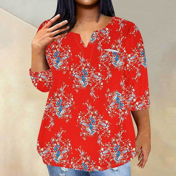 Aloohaidyvio Womens Shirts Dressy Casual,Women's Spring Summer Casual Plus Size V Neck 3/4 Sleeve Floral Printed T-Shirt Top L