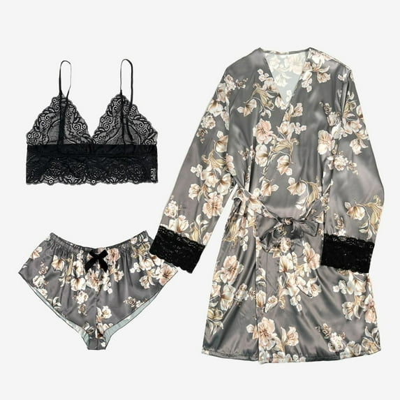 Aloohaidyvio Womens Silk Satin Pajamas Set 3 Pcs Luxury Sleepwear Cami Top Pjs with Shorts and Robe Sizes M