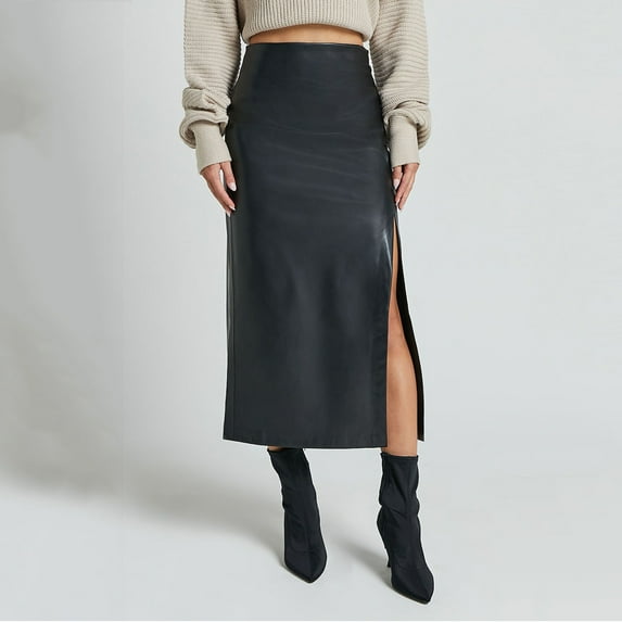 Aloohaidyvio Womens Skirt Bodycon Faux Leather Mini High Waist Casual Zip PU Slim Pencil Midi Skirts