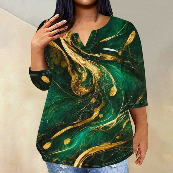 Aloohaidyvio Womens Spring Printed 3/4 Sleeve Shirts Tunic Tops V Neck Colorful Floral Printed Tees Shirt Loose Pullover Blouses Summer Tops 4XL