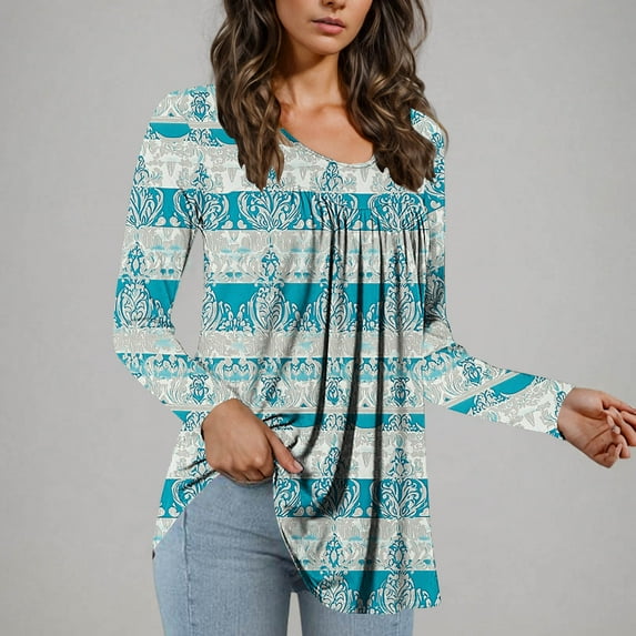 Aloohaidyvio Womens Summer Pleated Blouses Long Sleeve Round Neck Tops Spring Casual Shirt