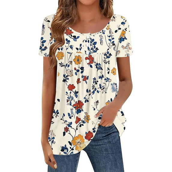 Aloohaidyvio Womens Summer Tops Womens Tops Dressy Casual Short Sleeve Shirts Summer Loose Trendy Pleated Tunic Blouses