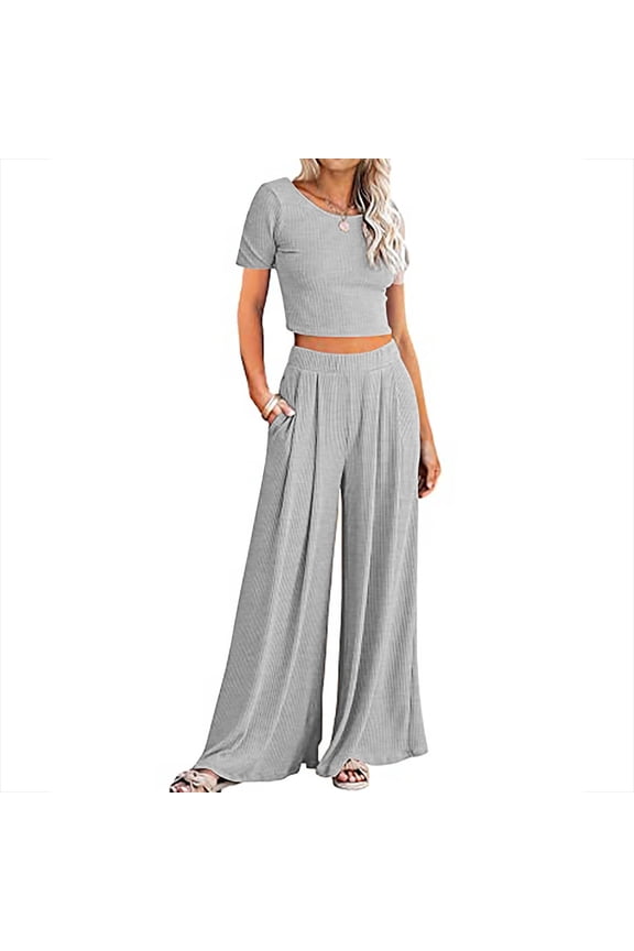 Pants Sets for Women 2 Piece,Womens Sports Tight Ribbed Knitted Crop Top Loose Wide Leg Pants Two-Piece Set