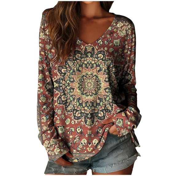 Aloohaidyvio Womens T Shirts Long Sleeve V Neck Basic Tee Casual Loose Fit Soft Tops