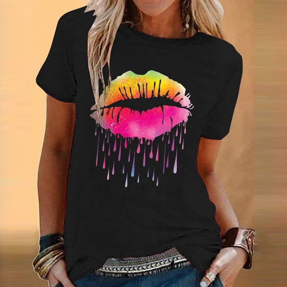 Aloohaidyvio Womens Tops under $5,Womens Fashion Colorful Lips Printed Short Sleeve T-Shirt Round Neck Loose Retro Tops