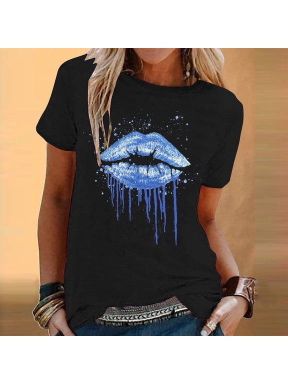 Womens Tops Short Sleeve Blouse,Womens Summer Fashion Lips Printed Short Sleeve T-Shirt Round Neck Loose Retro Tops