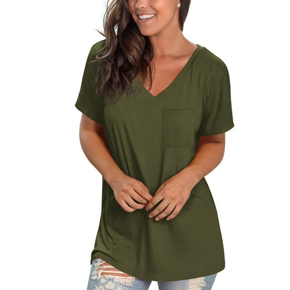 Aloohaidyvio Workout Tops for Women Plus Size,Womens Solid Color V-Neck Short Sleeve Pocket T-Shirt Summer Sports Breathable Tops