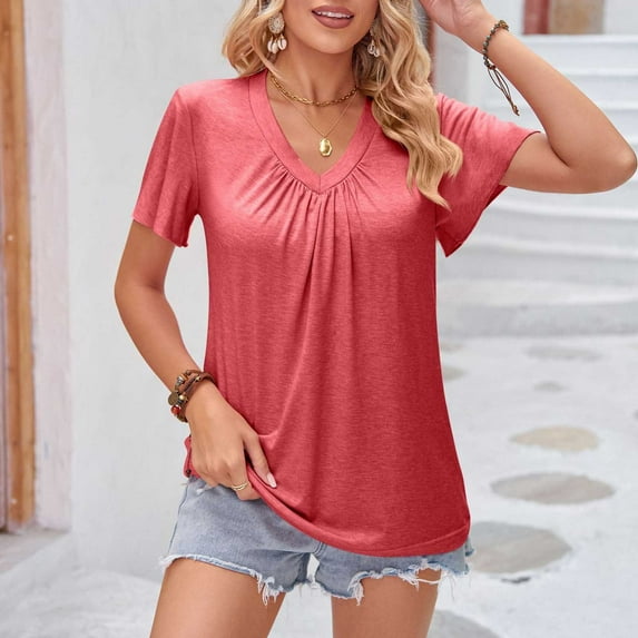 Aloohaidyvio Workout Tops for Women Plus Size,Womens Summer Solid Color V-Neck Short Sleeve T-Shirt Loose Sports Tops