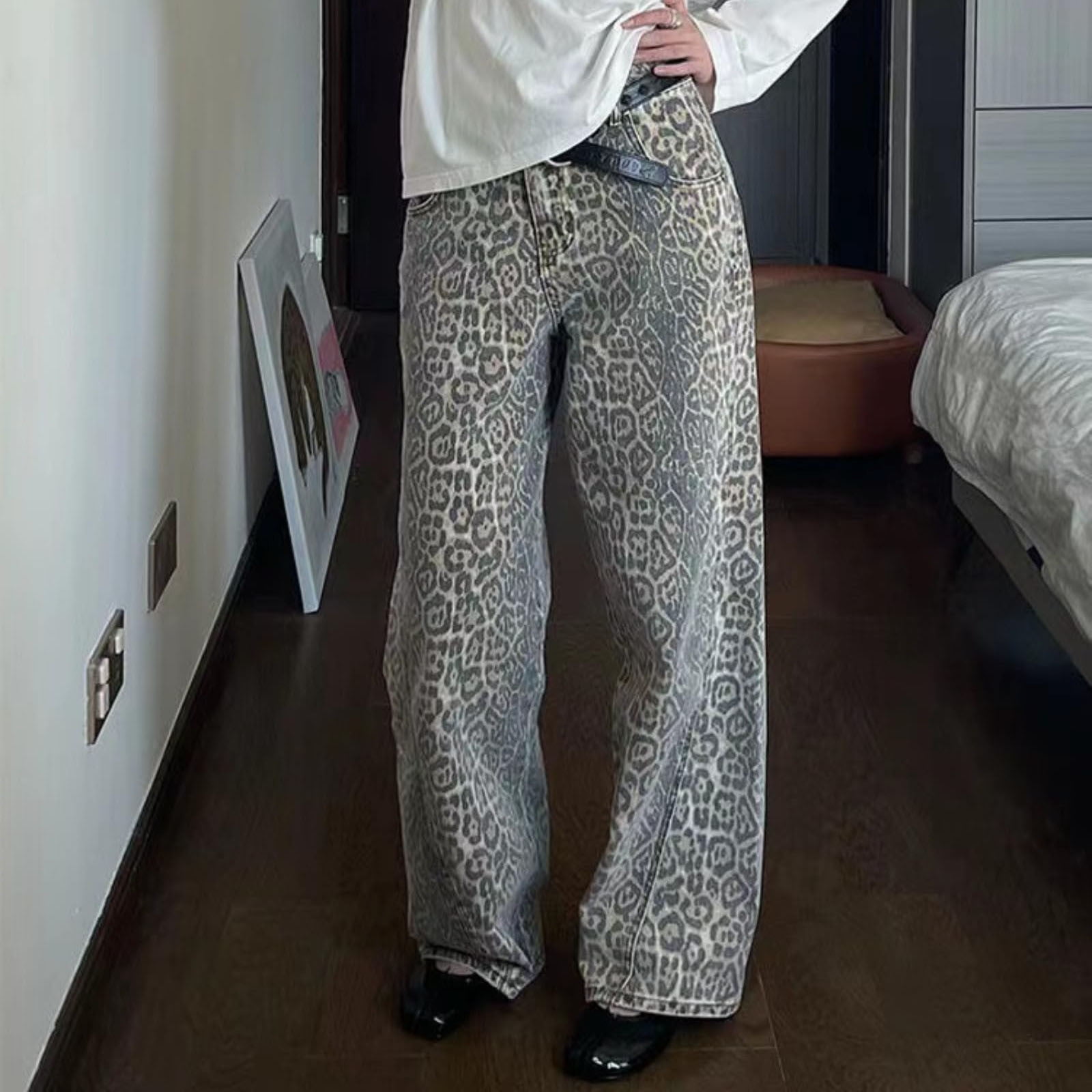 Aloohaidyvio Leopard Print Jeans Y2k Jeans Leopard Jeans Grunge