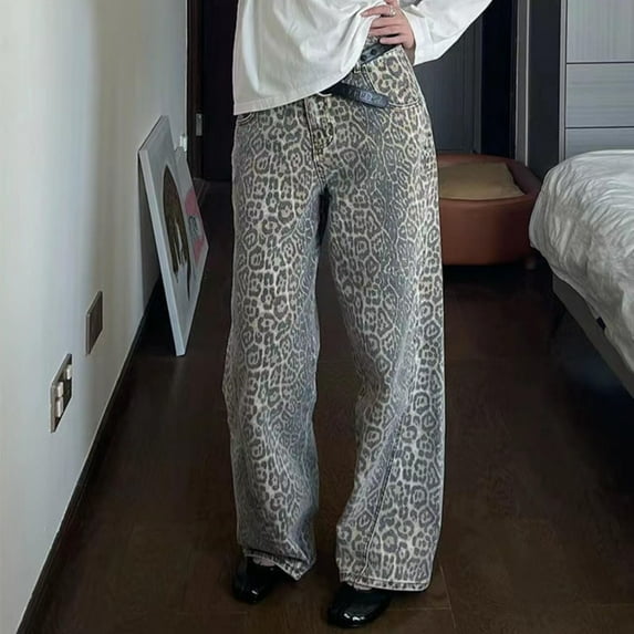 Aloohaidyvio Y2k Jeans Cheetah Print Jeans Oversized Wide Leg High Waisted Cargo Pants Leopard Print Pants for Women