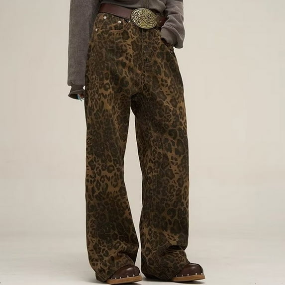 Aloohaidyvio Y2k Pants Leopard Print Pants Straight Leg Jeans Baggy Jeans Oversized Pants Wide Leg Jeans