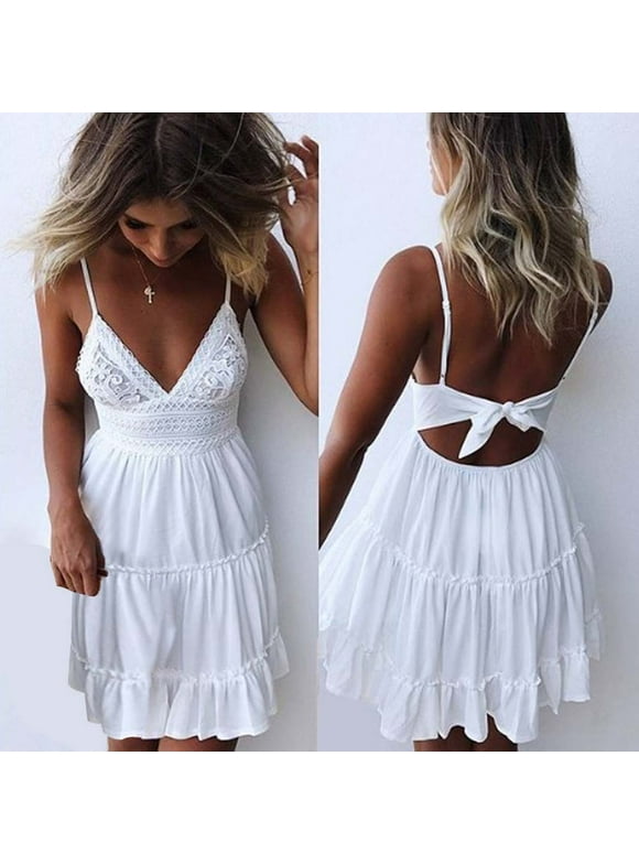 beach dresses for women casual summer,Women Summer Backless Dress White Evening Party Beach