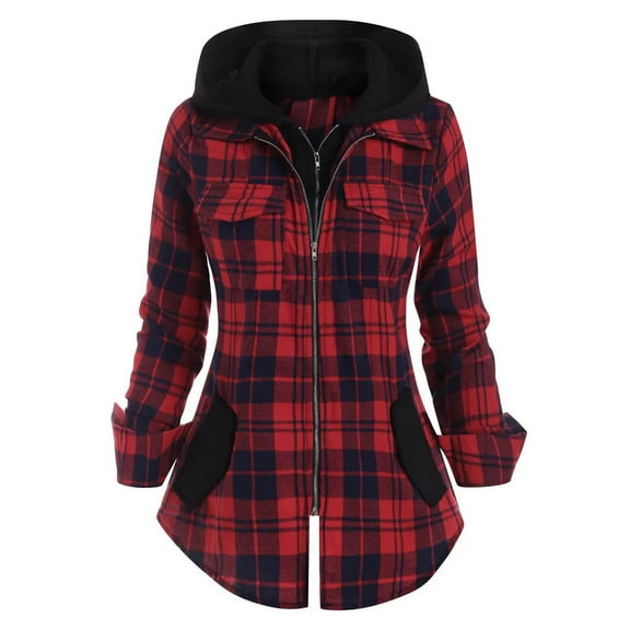 Aloohaidyvio denim jackets for women,Womens Casual Long Sleeve Plaid Pocket Hooded Zipper Sweater Hooded Shirt