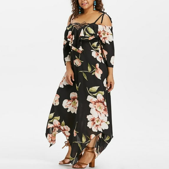 Aloohaidyvio dresses for women 2023 party,Fashion Women Off Shoulder Lace Up Maxi Flowing Floral Print Dress, Womens Dresses
