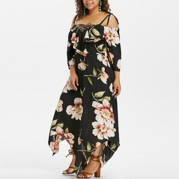 Aloohaidyvio dresses for women 2023 party,Fashion Women Off Shoulder Lace Up Maxi Flowing Floral Print Dress, Womens Dresses