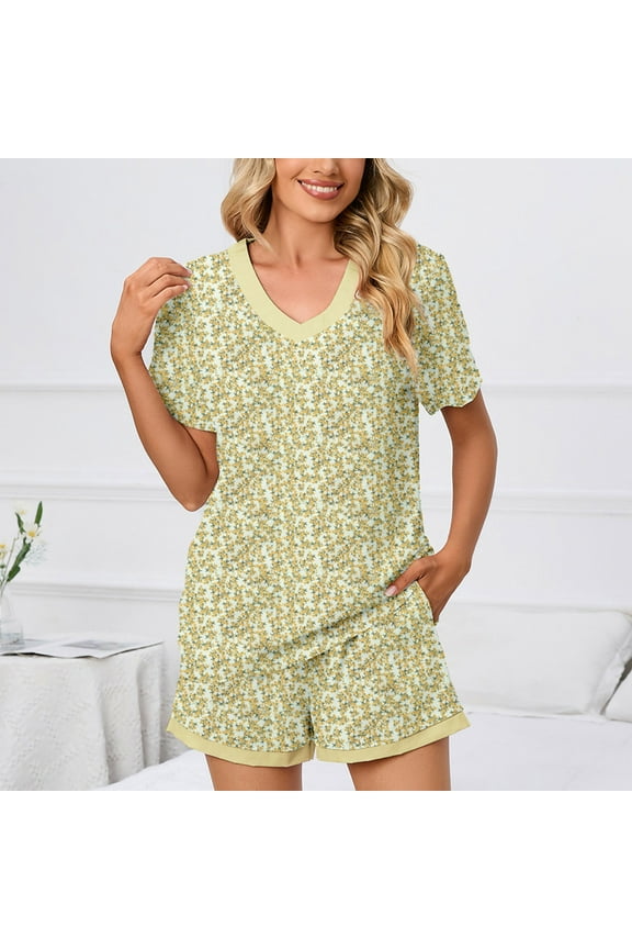 lace pajamas for women,Fashion Womens Summer V-Neck Short Sleeve Printed Shorts Pajamas Suit