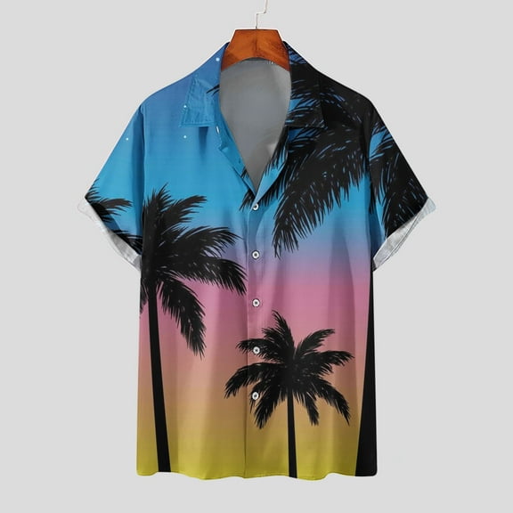 Aloohaidyvio mens tops $5,Mens Color Block Hawaii Print With Pocket Turndown Short Sleeve Shirt Blouse,Hawaiian Shirt for Men