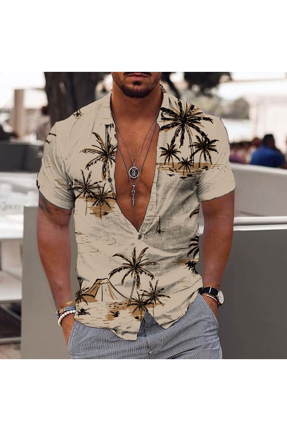 mens tops short sleeve,Men Beach Print Turndown Short Sleeve Shirt Blouse,Hawaiian Shirt for Men