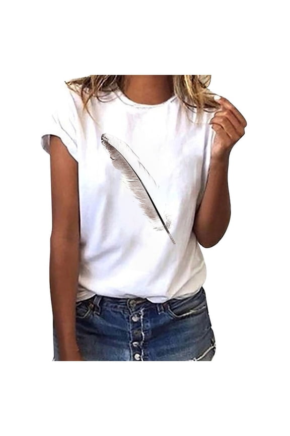 sequin tops for women,Fashion Women Short Sleeve T-Shirt Feather Print Casual Top Tee Blouse