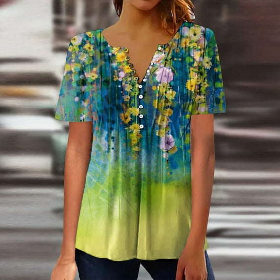 Aloohaidyvio sequin tops for women,Women‘s Summer Sexy Fold Printed Regular Women Short Sleeves V Neck Button Tops Blouse