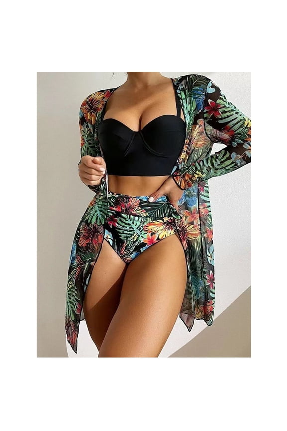 sexy bikini swimsuit set,Women Sexy Print Deep V Swimming Trunks Split Swimsuit Bikini Three Piece, Swimsuits for Women 2 Piece