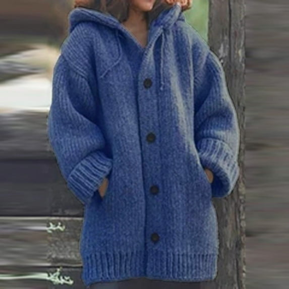 Aloohaidyvio womens coats ,Womens Solid Color Single-Breasted Pocket Hooded Warm Knitted Sweater Coat Top