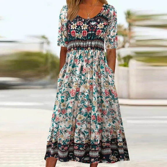 Aloohaidyvio womens dresses under $10,Women Casual Sexy Round Neck Printing Short Sleeve Pockets Dress