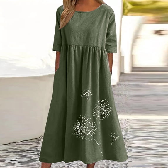 Aloohaidyvio womens dresses under $10,Womens Spring And Summer Round Neck Cotton And Linen Casual Short Sleeved Dress