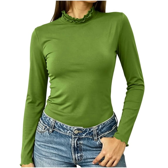 AloohaidyvioNo Boundaries Long Sleeve Shirts for Women Mock Turtleneck Base Tee Ruffle Neck Slim Fit Fall Tops