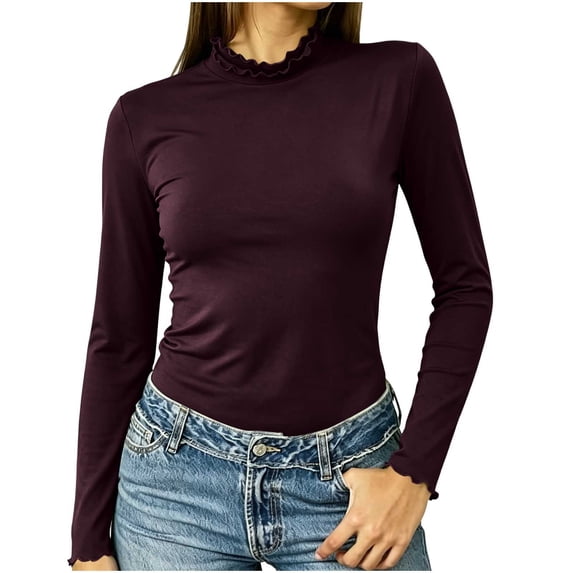 AloohaidyvioNo Boundaries Long Sleeve Shirts for Women Mock Turtleneck Base Tee Ruffle Neck Slim Fit Fall Tops