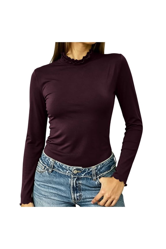 No Boundaries Long Sleeve Shirts for Women Mock Turtleneck Base Tee Ruffle Neck Slim Fit Fall Tops