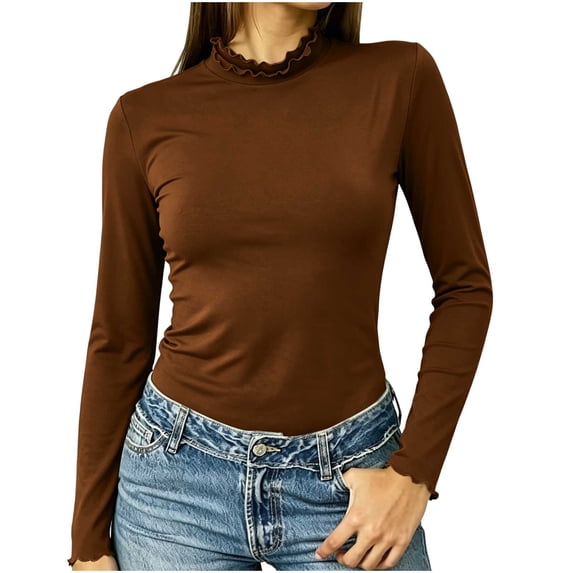 AloohaidyvioNo Boundaries Long Sleeve Shirts for Women Mock Turtleneck Base Tee Ruffle Neck Slim Fit Fall Tops