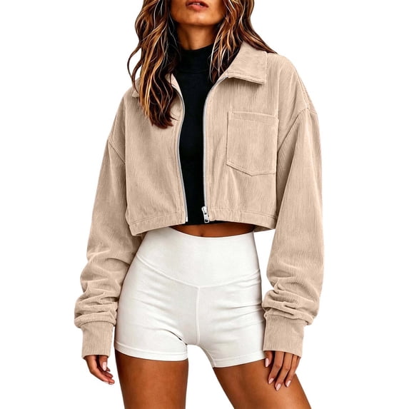AloohaidyvioNo Boundaries Womens Cropped Jackets Trendy Lightweight Fall Long Sleeve Lapel Corduroy Zip Up Jacket with Pockets